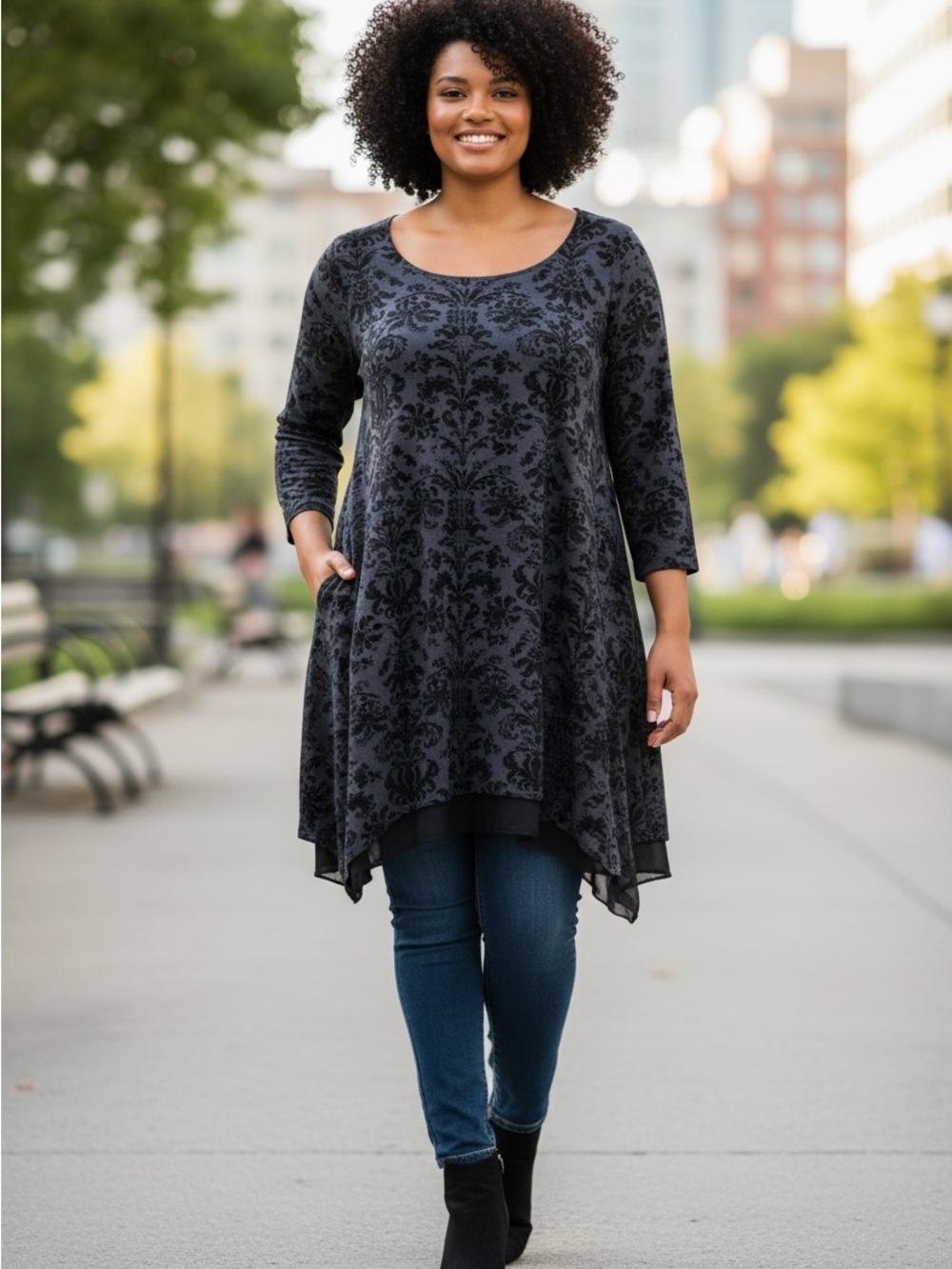 Floral Damask layered Swing Tunic sweater 3XL